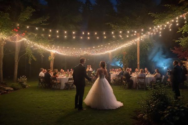 Backyard wedding setup with DJ in Minden, Ontario